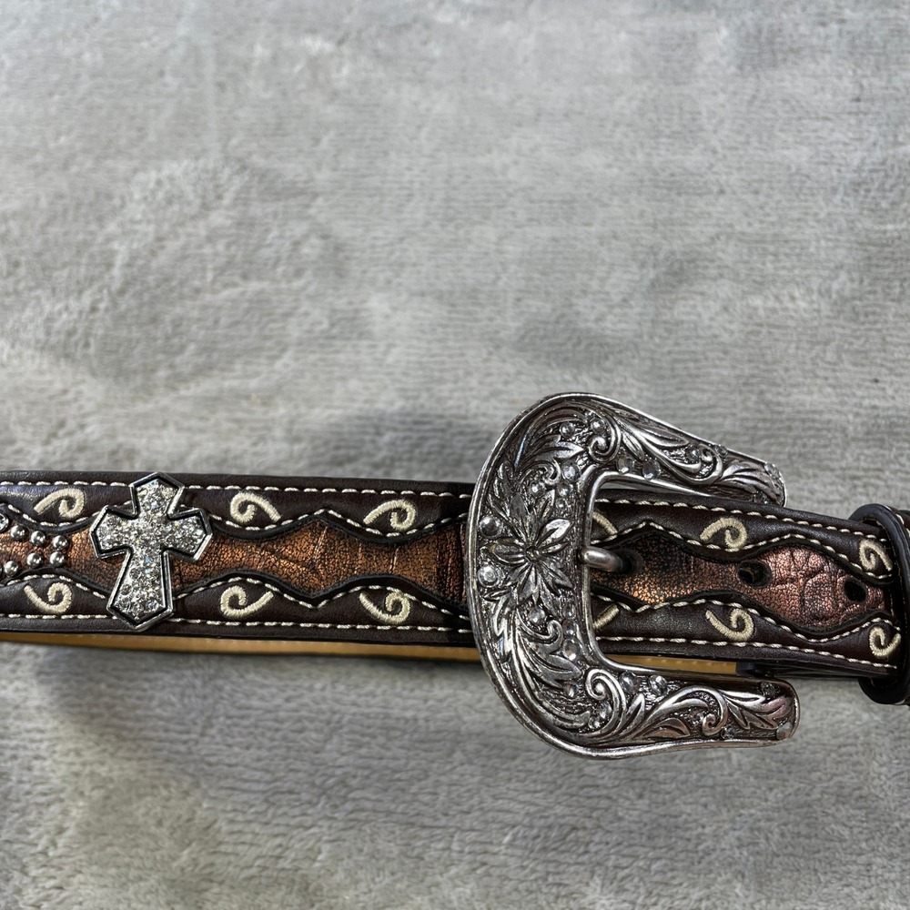 Ariat Belt Kids 24 Brown Rhinestone Western Cowgirl Cross Engraved Buckle